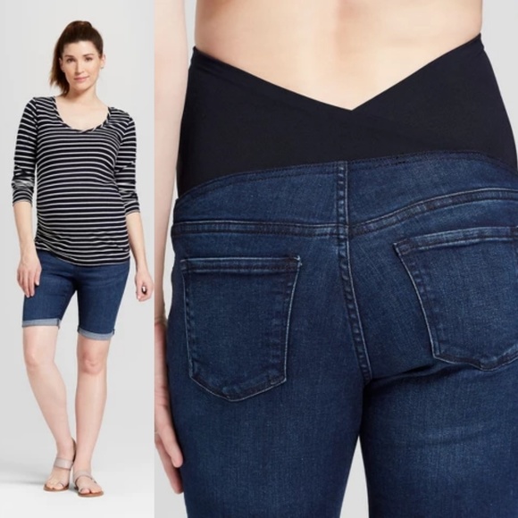 4/$25 Maternity Crossover Panel Bermuda Jean Short - Picture 2 of 7
